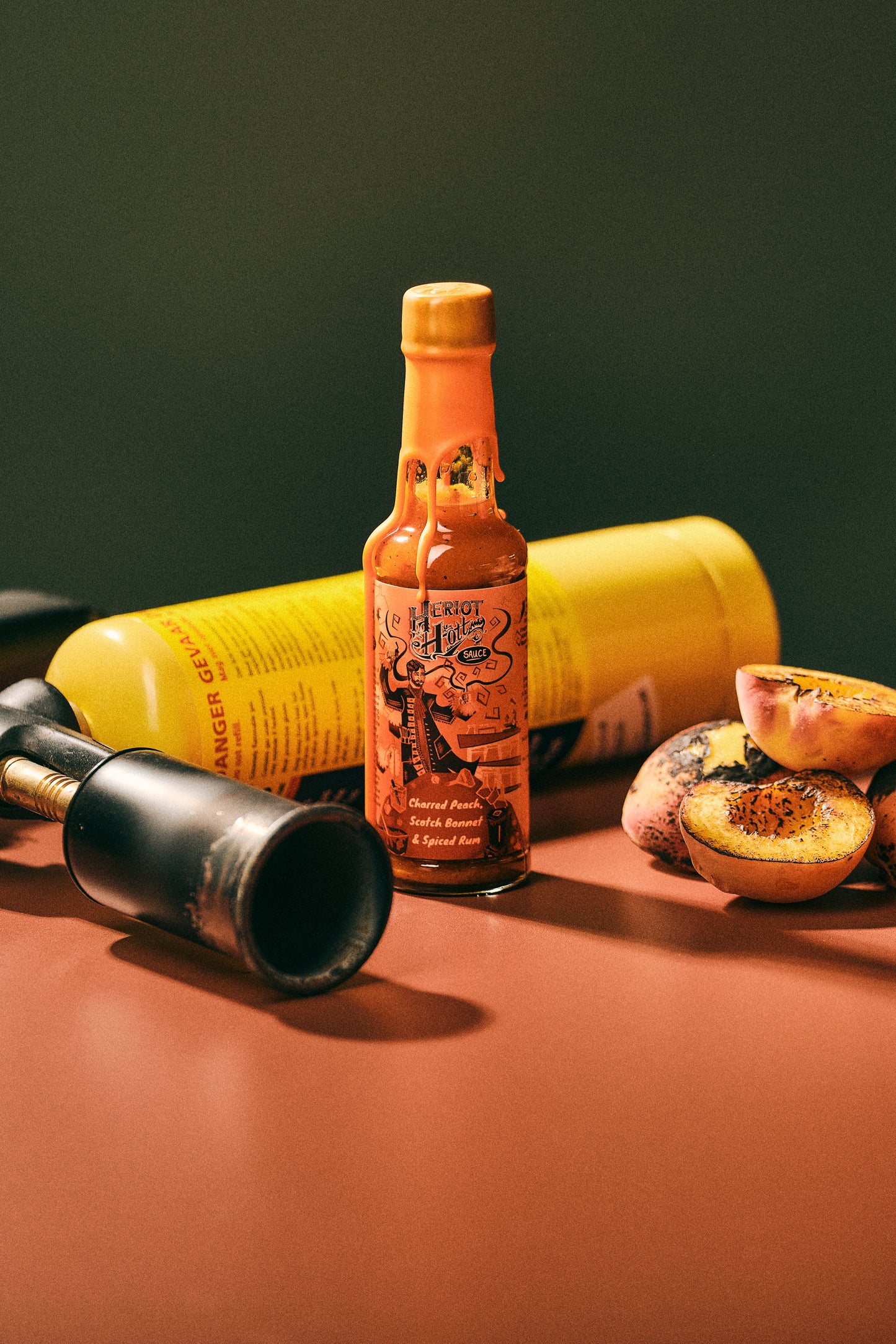 Charred Peach, Scotch Bonnet and Spiced Rum Hott Sauce with Flamethrower for Roasting- Heriot Hott